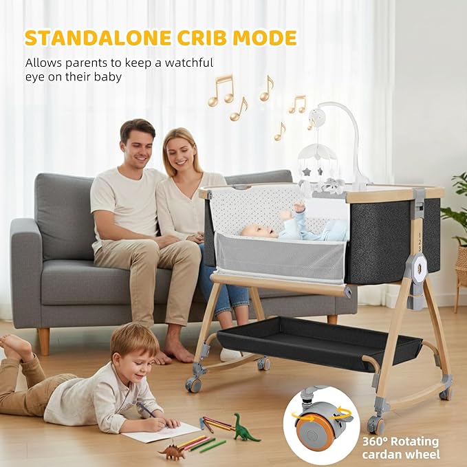 Bedside Bassinet,Bassinet Bedside Sleeper,3 in 1 Bedside Bassinet for Baby,Rocking Bassinet with Mattress,Mobile,Mosquito Net,Storage Basket,6-Height Adjustable Bassinet with Wheels for Newborn