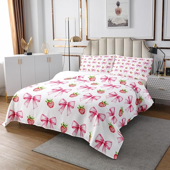 Pink Bowknot Kids Bedspread Twin Size,Strawberry Summer Fruit Toddler Coverlet Set,Girls Women Room Decor,Bow Tie Butterfly Knot Princess Quilted Coverlet,Cartoon Cute Bedding Quilt,1 Pillowcase