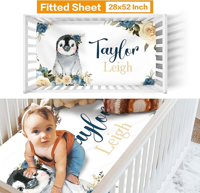 Custom Crib Bedding Set - Penguin Design Personalized Name Baby Nursery Bedding 3 Pcs Set - Chic Soft Blanket, Sheet, Pillowcase for Newborns Boys Girls Gifts Color16