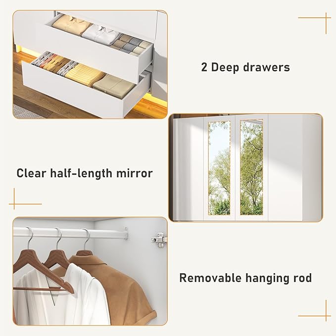 4 Doors Armoire Wardrobe Closet with 3 Drawers & Mirror, Modern Wooden Bedroom Armoires with Hanging Rod Led Lights for Bedroom, White