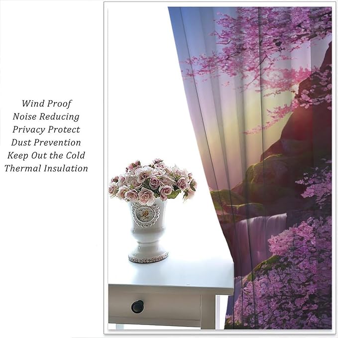 Landscape Waterfall Blackout Curtains, Watercolor Blossom Cherry Flower Forest Pattern Rod Pocket Window Drapes, for Bedroom Living Room 42" W X 45" L