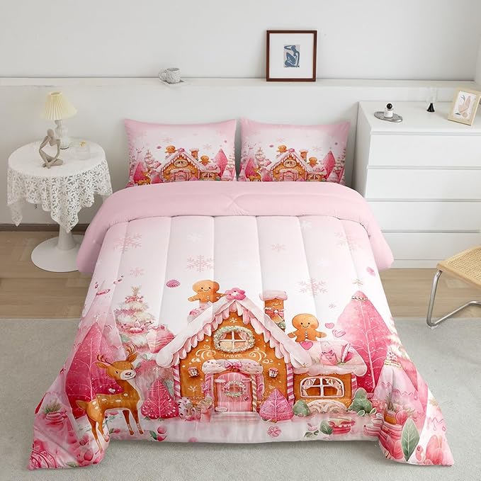 jejeloiu Kids Christmas Theme Comforter Set Full Size Cute Deer Gingerbread Man Bedding Set for Boys Girls Teens Pink Xmas Tree Candy House Snowflake Winter Duvet Quilt Room Decor
