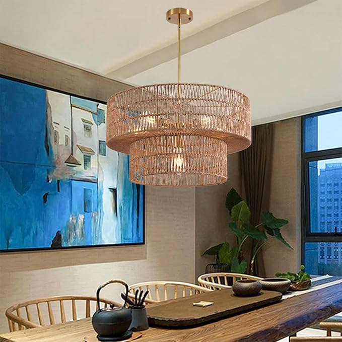 17.72" 4-Light Boho Chandelier Rattan Light Fixture Hand Woven Farmhouse Chandelier for Dining Room Ceiling Hanging Pendant Light for Kitchen Island Lighting
