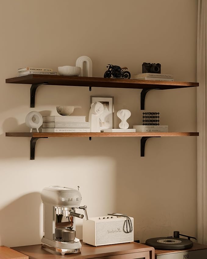 12x36 Inch Rustic Wood Floating Shelves 2-Pack - Farmhouse Walnut Wall Shelf with 100 lbs Capacity, Easy Installation for Living Room, Kitchen, Bathroom