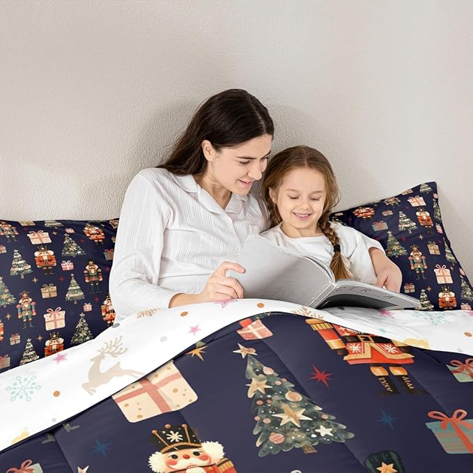 jejeloiu Xmas Nutcracker Comforter Set Twin Size Christmas Dark Blue Bedding Set for Kids Boys Girls Cute Snowflakes Duvet Quilt Bedroom Decor