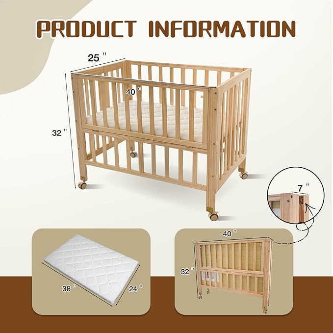 Portable Mini Baby Crib - Pine Wood Foldable 4-in-1 Baby Crib with Mattress,Portable Bedside Bassinet Sleeper,3 Adjustable-Height Baby Cribs for 0-18 Months,Unpainted