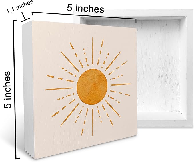 KU-DaYi Abstract Boho Sun Orange Sunrise Sunshine Wood Box Sign Rustic Farmhouse Style Wood Block Plaque Decor for Bohemian Home Girls Room Wall Desk Shelf Decoration
