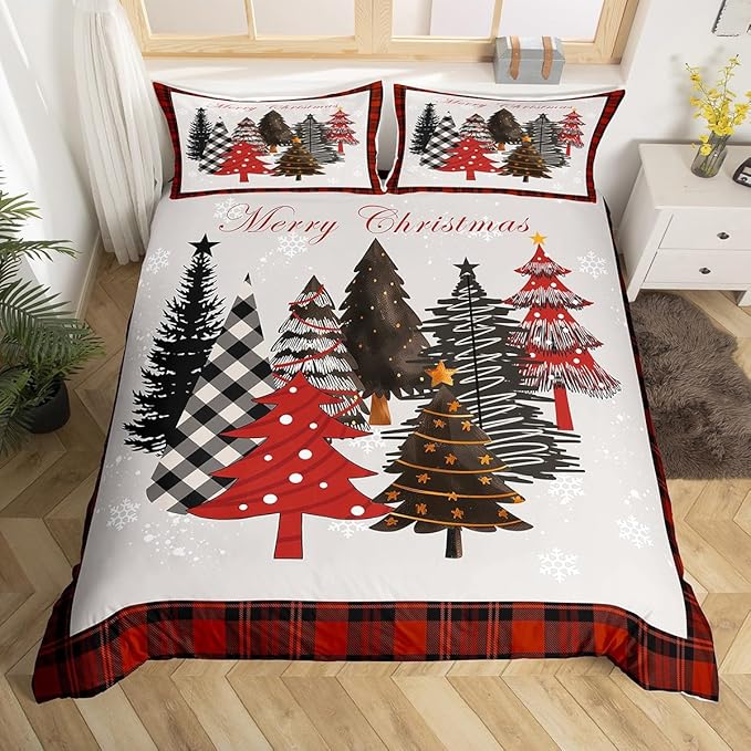 Merry Christmas Duvet Cover Set King Size,Xmas Tree Winter Snowflake Cabin Rustic Bedding Set,Boys Girls Room Decor,Geometric Grids Patch Comforter Cover,Grey Quilt Cover,2 Pillowcases,No Comforter