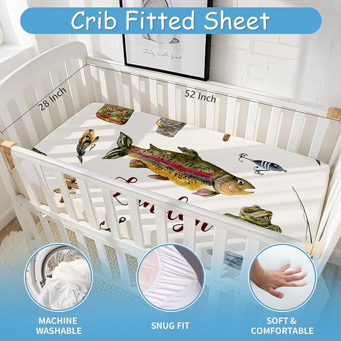 Custom Baby Crib Bedding Set, 5 Pcs Personalized Baby Crib Set with Name, Fishing Design Nursery Bedding Sets, Double Layer Toddler Bedding Set, Newborn Infant New Parents Customized Gifts