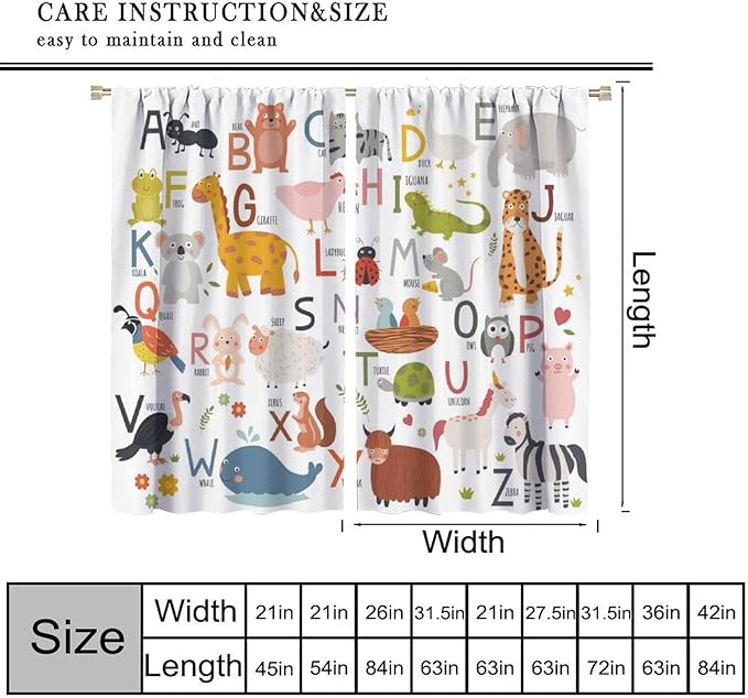 Alphabet Kids Learning Curtains Cartoon Animal Baby Boys Child Educational Curtain with Rod Pocket for Bedroom Nursery Home Decor Drapes Window Treatments 2 Panels Set 42" W X 54" L