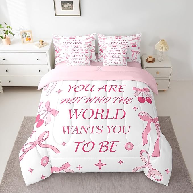 7 Pieces Pink Bowknot Kids Comforter Set Full,Cherry Tropical Fruit Cute Princess Bedding Set,Bow Tie Stars Daisy Floral Romantic（Comforter+Fitted+Flat Sheet+2 Pillowcases+2 Throw Pillow Covers）