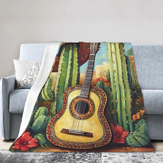 Western Guitar Blanket Cactus Decor Throw Blanket Super Soft Flannel Lightweight Fluffy Plush Cozy Fuzzy Fleece Cowboy Gifts Blanket for Kids Boys Adults Man for Bed Sofa 60"X80"