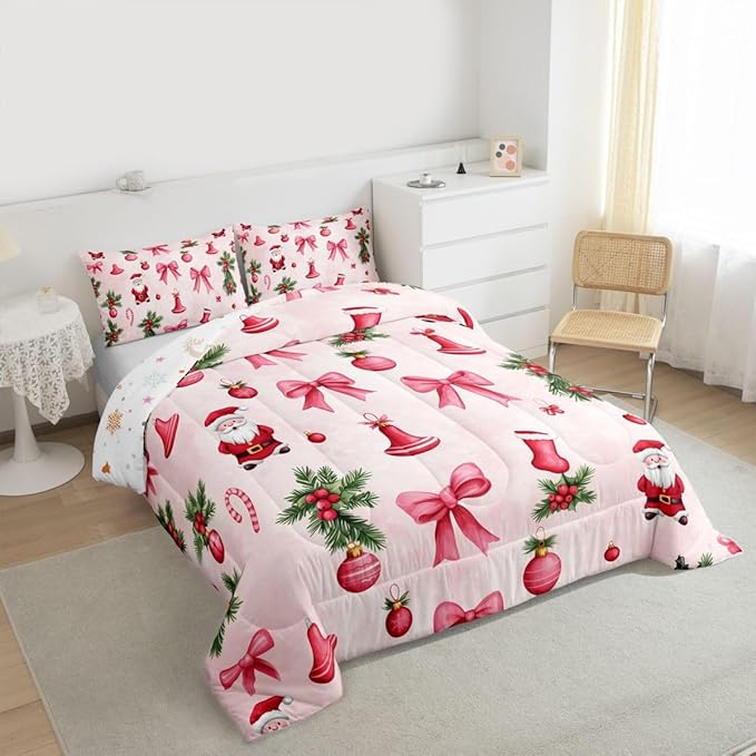 Feelyou Santa Claus Bedding Set Soft for Boys Girls, Pink Bow Comforter Set Queen Size Christmas Ornament Duvet Quilt Microfiber Candy Cane Bedroom Decor Holly Berry 3 Pcs with 2 Pillow Cases