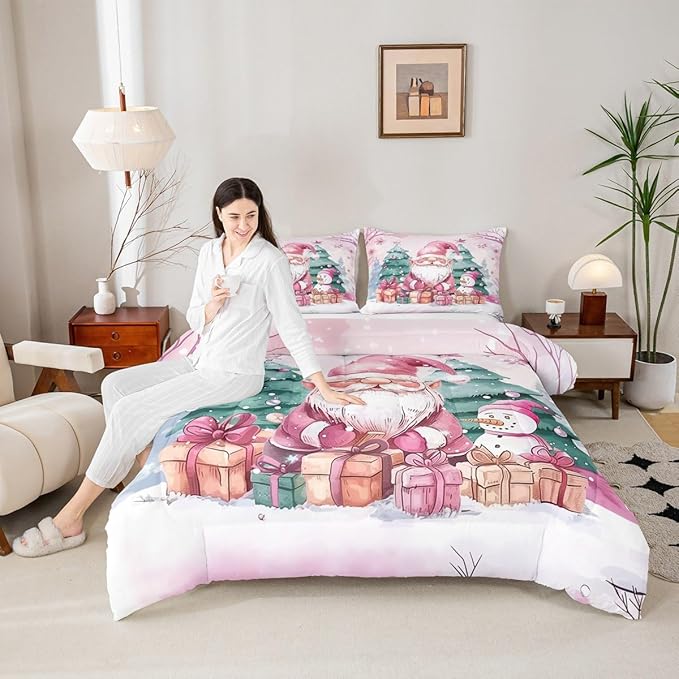 Feelyou Pink Christmas Comforter Set All Season Santa Claus Bedding Set with 2 Pillow Cases Cute Snowflake Kids King Bedclothes Merry Christmas Tree and Snowman Decor Duvet Quilt Soft