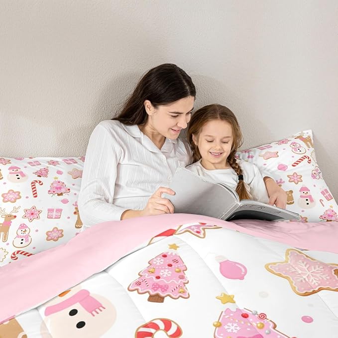 Feelyou Pink Christmas Comforter Set King Size Snowman Deer Bedding Set for Kids Boys Girls Snowflake Duvet Quilt Bedroom Decor Microfiber 3 Pcs with 2 Pillow Cases