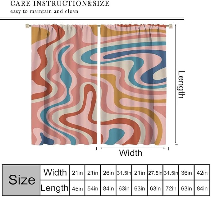 70S Abstract Wavy Swirl Curtain for Bedroom Windows,Retro Boho Minimal Teen Girls Kids Living Room Restroom Window Treatments Drapes 84" W X 84" L