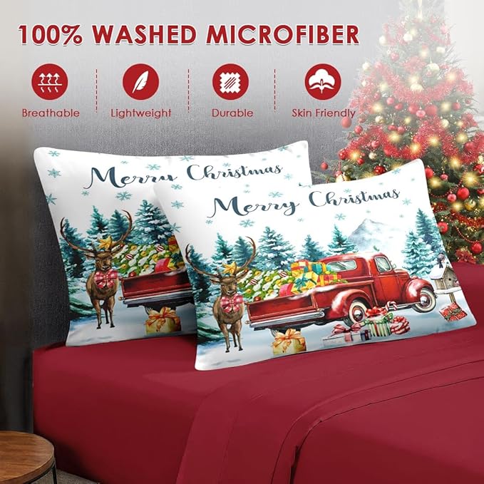 5 Pcs Twin Size Christmas Comforter Set with Pillowcase & Sham, Red Vintage Truck Elk Bedding for Kids and Adults, Winter Forest Bed in a Bag with Flat Fitted Sheet