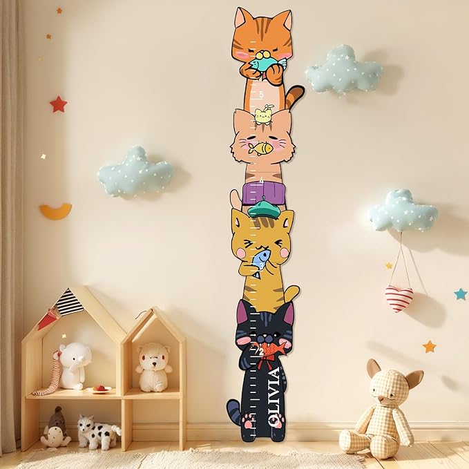 Personalized Name Growth Chart for Wall, Kitten Eating Fish Wooden Height Chart, Thick Height Measuring Board for Boys and Girls, Measurement Ruler for Kids, Easy to Install