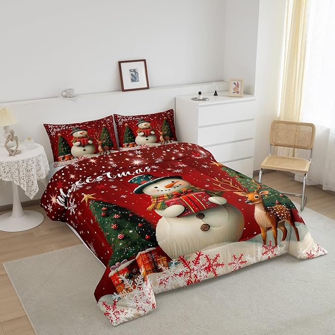 Manfei Merry Xmas Bedding Set Queen Size,Cute Deer Snownman Comforter Set Kids Boys Girls Room Decor,Christmas Tree Gift Quilt Set Soft Duvet Insert 3pcs with 2 Pillowcases