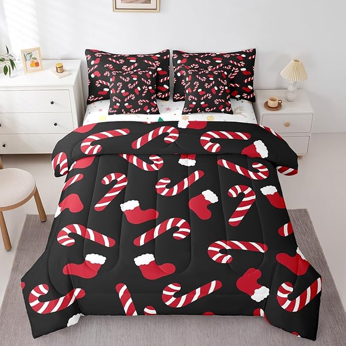 Merry Christmas Kids Bedding Set Xmas Theme Comforter Set with Sheets for Boys Girls Christmas Stockings Candy Decor Bed in a Bag Red Black Xmas Theme Bed Set 7Pcs King Size