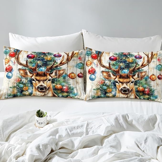 Cabin Deer Duvet Cover Set Twin Size,Tie-dye Christmas Tree Wooden Plank Rustic Bedding Set,Boys Girls Room Decor,Wild Animal Farmhouse Comforter Cover,Brown Quilt Cover,1 Pillowcase,No Comforter