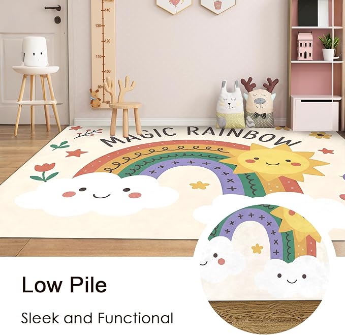 Rainbow Sun Pattern Soft Girls Area Rug for Kids Room Washable Artificial Wool Bedroom Living Room, Funny Carpet Non-Slip Outdoor Indoor Floor Carpet Home Decor, 5'x7'