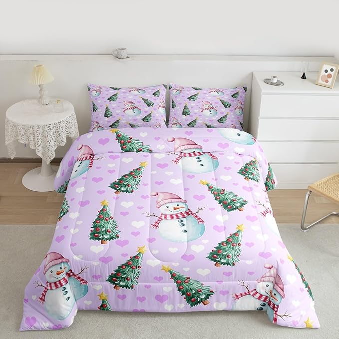 Feelyou Merry Christmas Bedding Set Soft for Boys Girls, Cute Snowman Comforter Set King Size Christmas Tree Duvet Quilt Microfiber Love Hearts 3 Pcs with 2 Pillow Cases