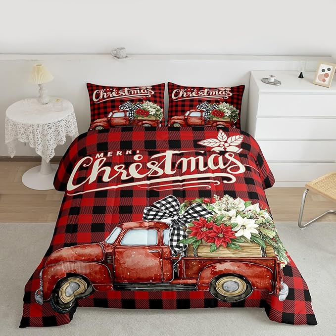 Kids Christmas Truck Comforter Set King Size,Floral Leaves Romantic Bedding,Girls Boys Adults Bedroom/Xmas Cabin Decor,Geometric Plaid Retro Down Comforter,Rustic Farm Duvet Insert,2 Pillowcases