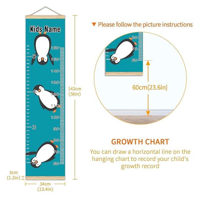 Personalized Kids Name Growth Chart Ruler for Wall Wood Frame Height Measure Chart 13.4x56 in Linen Hanging Height Growth Chart Penguin Blue Kids Room Decor