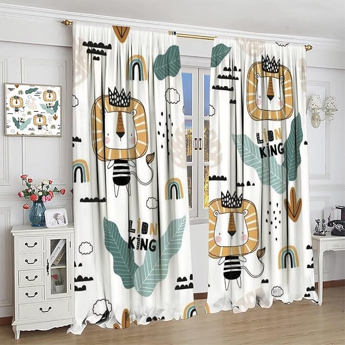 Cartoon Little Lion King Window Curtains for Baby Child,Cute Funny Forest Animals,Tropical Jungle Leaves Wildlife Boho Rainbow Print Blackout Drapes for Nursery Boys Girls Kids Bedroom 72x63in