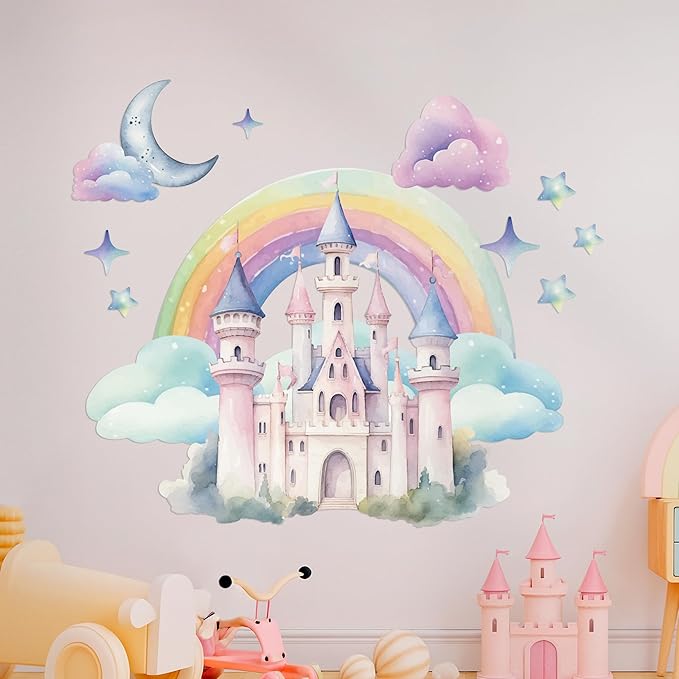 CRYPTONITE Rainbow Wall Decal for Girls Bedroom | Watercolor Castle Vinyl Sticker for Nursery Wall Decor | Cute Stickers for Kids Room, Windows, or Furniture | 3 Sizes (Wide 40" x 35" Height (Large))