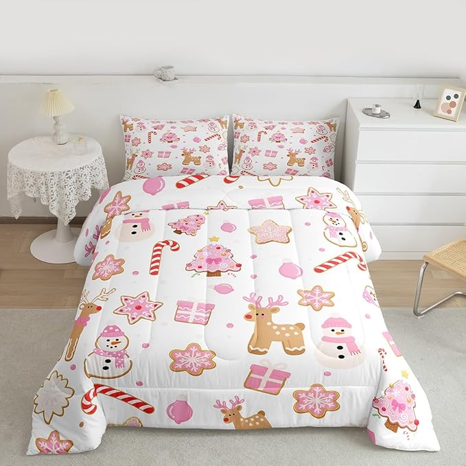 Feelyou Pink Christmas Comforter Set Toddler Size Snowman Deer Bedding Set for Kids Boys Girls Snowflake Duvet Quilt Bedroom Decor Microfiber 2 Pcs with 1 Pillow Cases