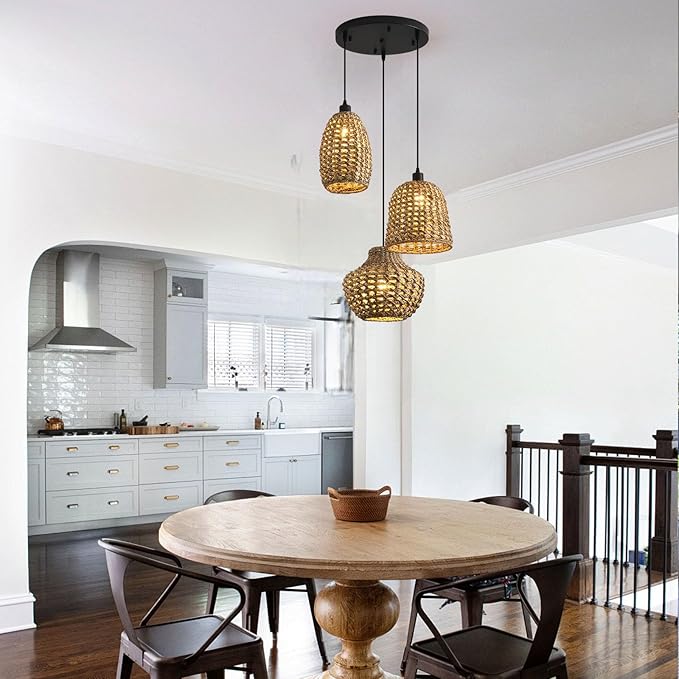 3-Light Rattan Chandelier, Boho Wicker Pendant Light Fixtures,Coastal Hand-Woven Ceiling Hanging Lights for Kitchen Island Dining Room Bedroom Farmhouse