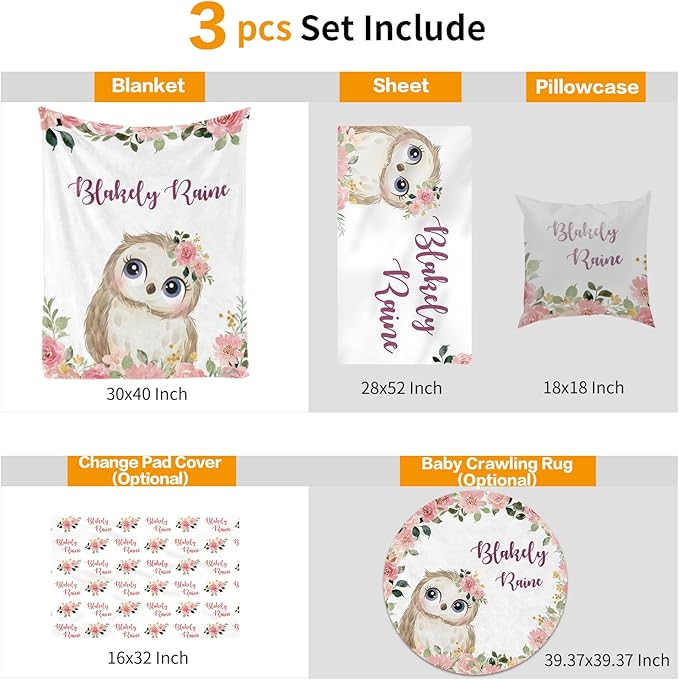 Custom Crib Bedding Set - Owl Design Personalized Name Baby Nursery Bedding 3 Pcs Set - Chic Soft Blanket, Sheet, Pillowcase for Newborns Boys Girls Gifts Color11