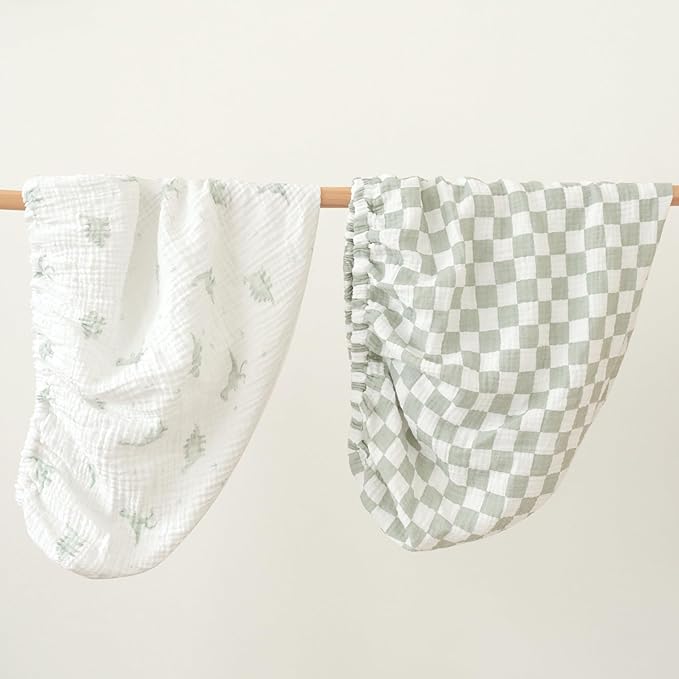 Konssy 2 Pack Muslin Changing Pad Covers for Boys, Ultra Soft & Breathable Cotton Baby Diaper Changing Table Covers, Neutral Nursery Diaper Changing Pad Sheets (Green Dino,Baby Green Plaid)