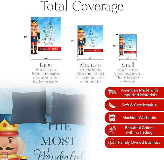 Custom Nutcracker Christmas Blanket - Ships Next Day, Printed in USA - Plush Fleece Sofa Throw, Holiday Home Decor, Soft Christmas Bedding, Customizable Toddler to Adult Size (Fleece 50x60)