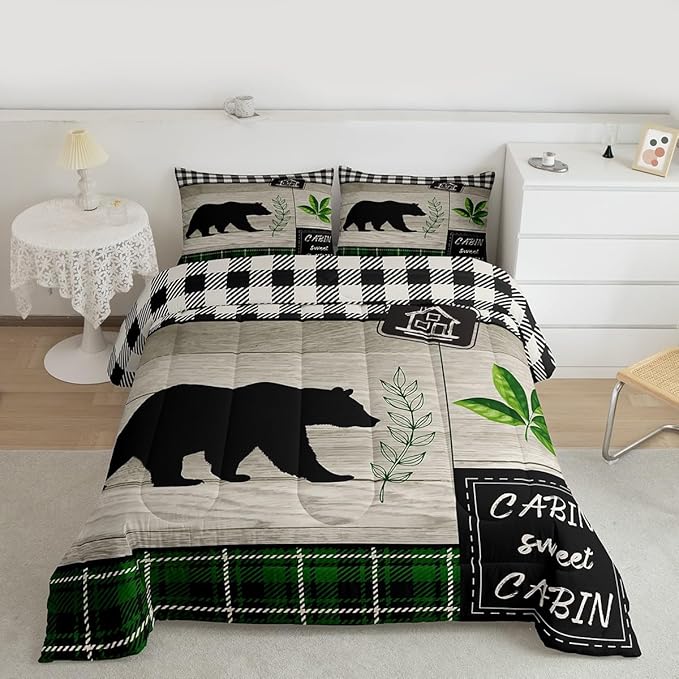 Bear Silhouette Kids Comforter Set Twin Size,Leaves Wooden Plank Bedding,Girls Boys Adults Bedroom/Xmas Cabin Decor,Geometric Grids Retro Down Comforter,Rustic Farmhouse Duvet Insert,1 Pillowcase