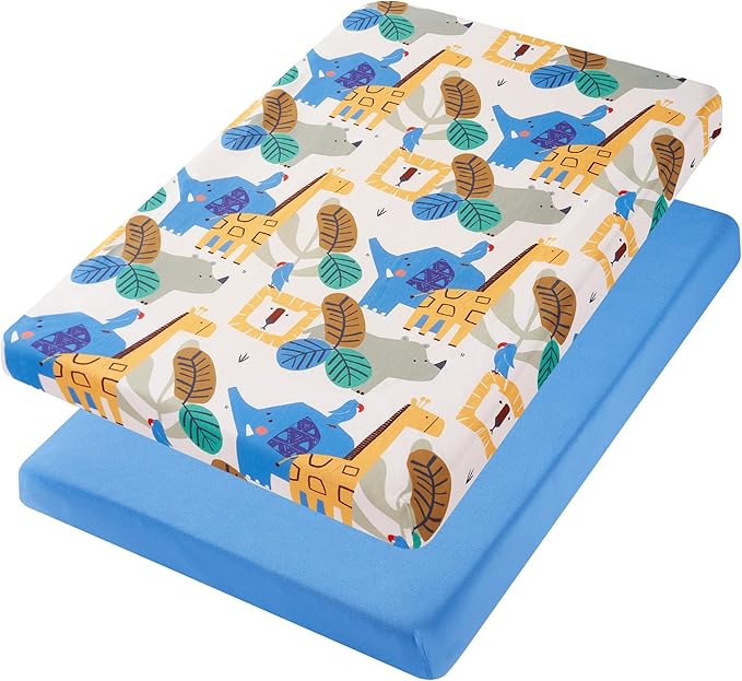 TILLYOU Mini Crib Sheets Fitted 2 Pack, Pack and Play Sheets for Toddler Mattress, Soft and Breathable 38”x 24” Pack n Play Mattresses Cover, Animal Geometry & Blue