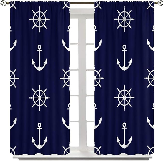 Nautical Rudder Curtains,MarineThemed Oceanic Anchor Pattern Blackout Print Home Bedroom Living Room Window Treatments 2 Panel Set 63x72 Inch