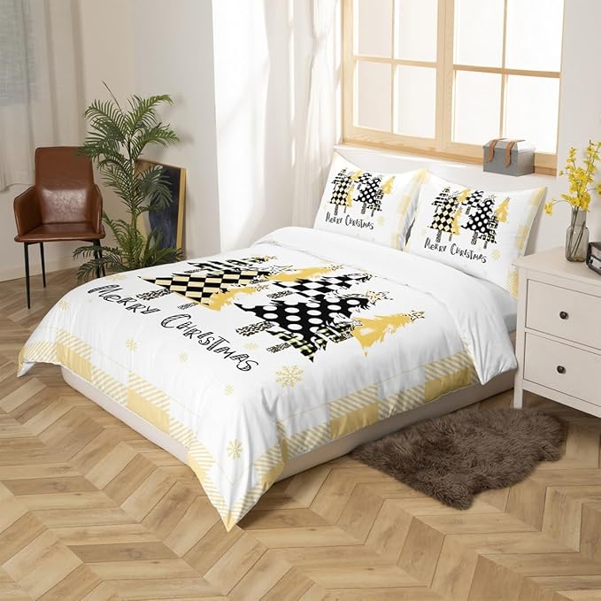 Manfei Xmas Tree Duvet Cover Set Full Size, Yellow Plaid Grid Snowflake Comforter Cover with 2 Pillowcases, Christmas Theme Bedding Set for Kids Girls Room Decor New Year Bedspread Cover, No Comforter