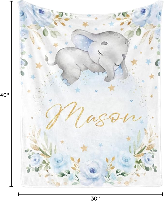 Elephant Baby Blanket Personalized Blanket with Name for Boy, Custom Name Blanket for Newborn Boy, Soft Flannel Toddler Blanket Customized Gift for Birthday Christmas Baby Shower 30" X 40"