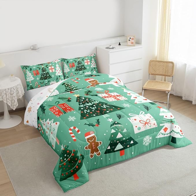 Feelyou Christmas Bedding Set Soft for Boys Girls, Xmas Tree Snowflake Comforter Set Toddler Size Gingerbread Man Duvet Quilt Microfiber New Year Gift Bedroom Decor 2 Pcs with 1 Pillow Cases