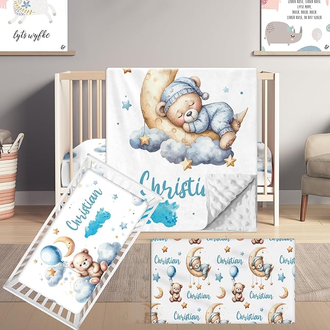 Custom Name Crib Bedding Set, 3 Pcs Personalized Baby Crib Bedding Set, Soft Blue Moon Bear Nursery Crib Sets for Boys Girls, Double Layer Toddler Bedding Set Customized Gifts for Newborn Kids