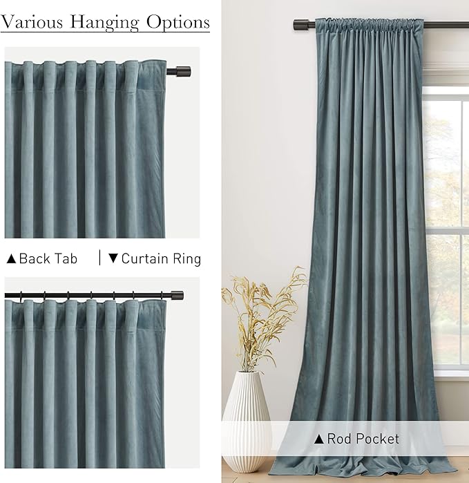 StangH 108 inches Long Stone Blue Velvet Curtains - Back Tab Thermal Insulated Privacy Protect Window Drapes Elegant Home Decor for Kids Party/Living Room, W52 x L108, 2 Panels