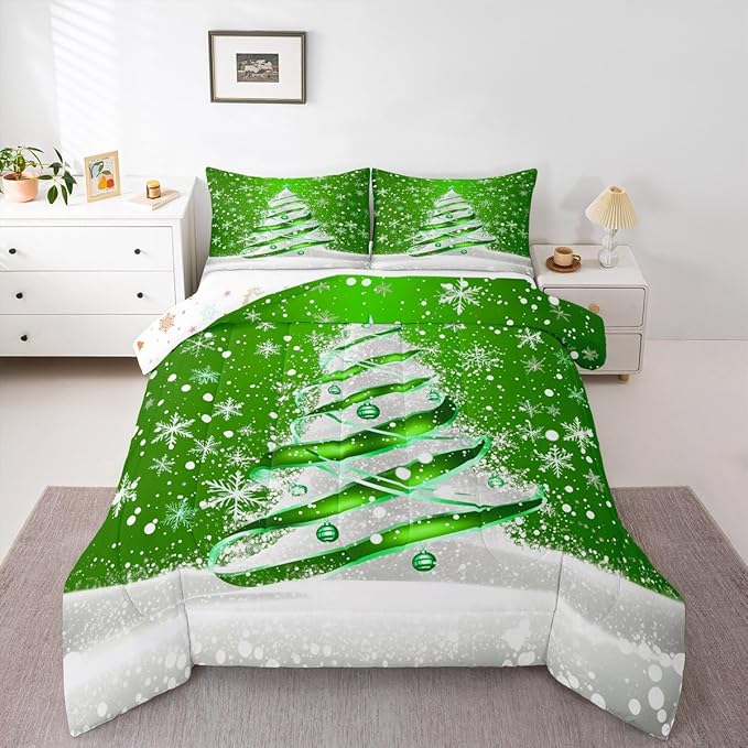 Feelyou Merry Christmas Comforter Set All Season Christmas Tree Bedding Set with 1 Pillow Cases Snowflake Microfiber Kids Twin Bedclothes Winter Bedroom Decor Duvet Quilt Breathable Soft
