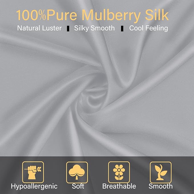 100% Mulberry Silk Pillowcase 2 Pack for Hair and Skin,with Hidden Zipper,Both Sides 22 Momme Natural Silk Pillow Cover,Soft Breathable & Smooth (Gray, Standard)