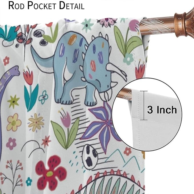 Dinosaur Curtains Cartoon Cool Funny Dino Tropical Plant Leaves Flowers Aesthetics Art Print for Kids Boys Bedroom Living Room Rod Pocket Decoration Window Drapes 2 Panels W31.5xL72in