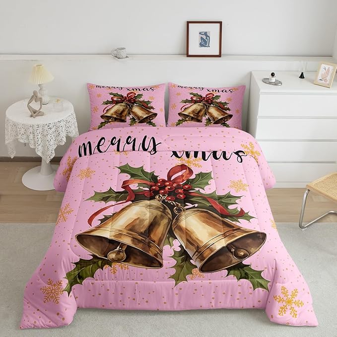 Erosebridal Merry Xmas Kids Comforter Sets Christmas Bell Toddler Bedding Sets for Girls Happy New Year Theme Down Comforter for Boys Teens Snowflake Quilt Set,Pink