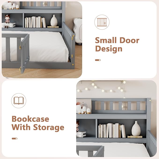 mikibama Full Size Floor Bed with Side Bookcase and Shelves, Montessori Floor Bed with Guardrails for Bedroom, Wood Full Floor Bed Frame with Storage for Girls, Boys, Grey