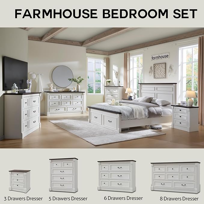 26" Tall Nightstand with Charging Station, Farmhouse 23.6" Wide Large End Table w/Roman Column, Wood Rustic Side Table w/Metal Handle, 3 Drawers Dresser for Bedroom, Living Room, White
